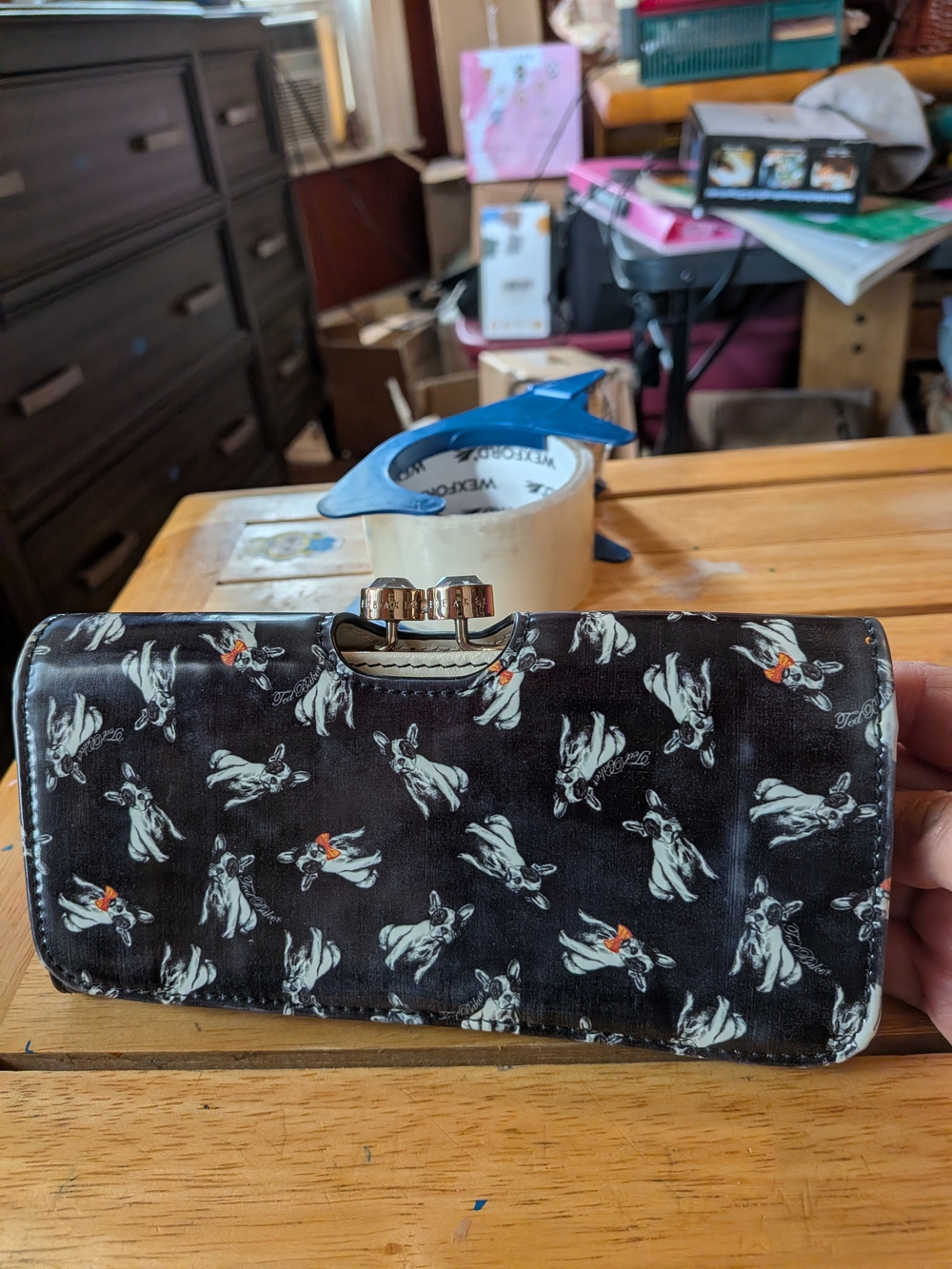 Ted Baker Black Wallet with White Dog Print and Orange Accents